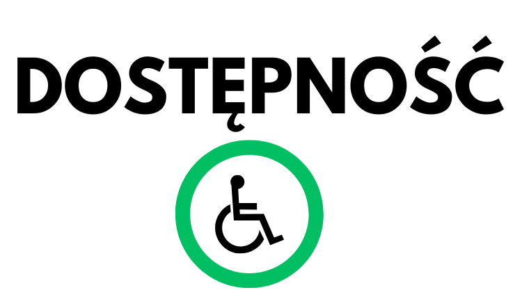 Ikonka dostępności-symbol osoby na wózku inwalidzkim w zielonym okręgu, nad nim duży napis "DOSTĘPNOŚĆ"